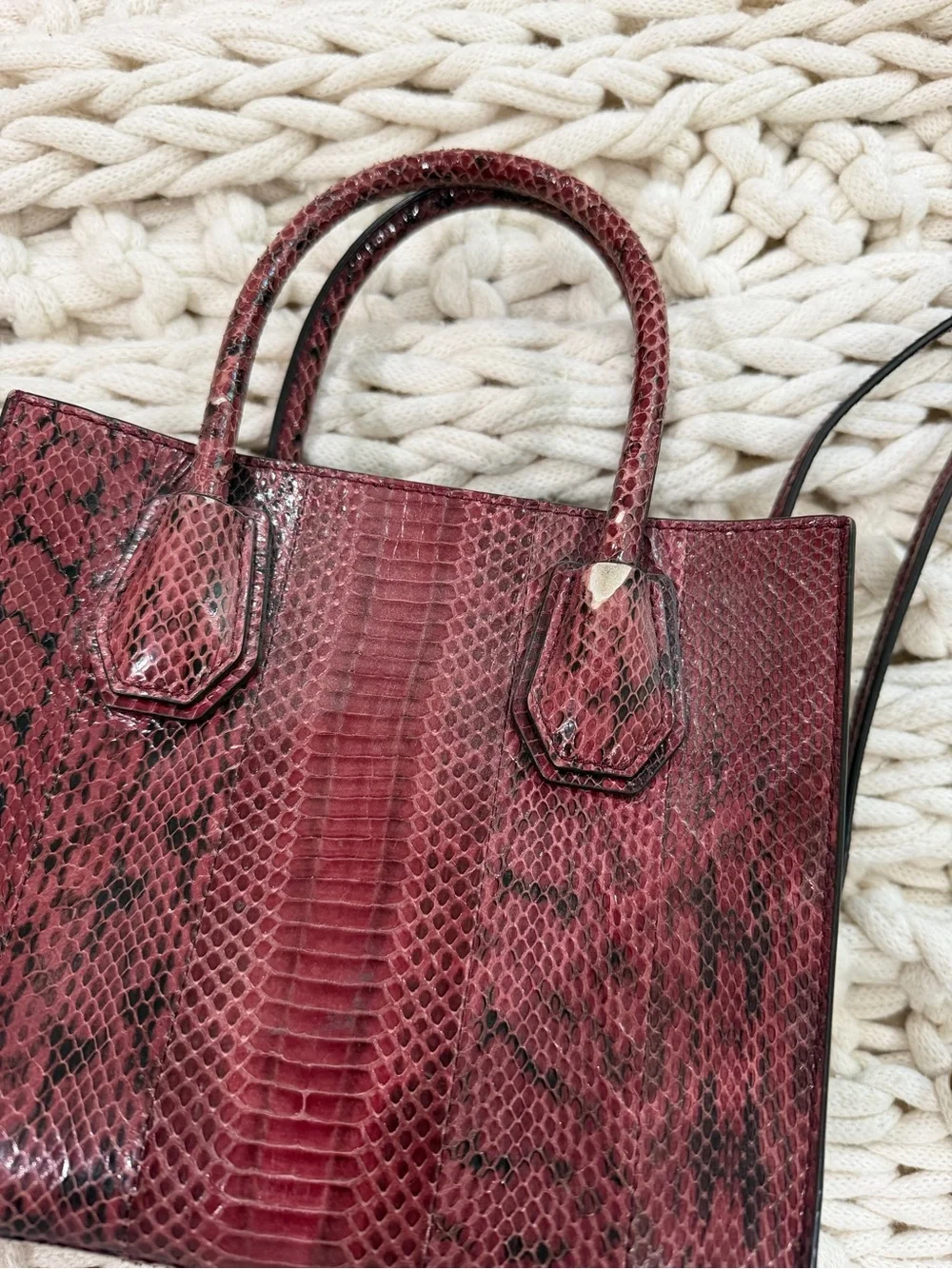 Michael Kors Deep Burgundy Snake-Embossed Satchel with Pom Pom